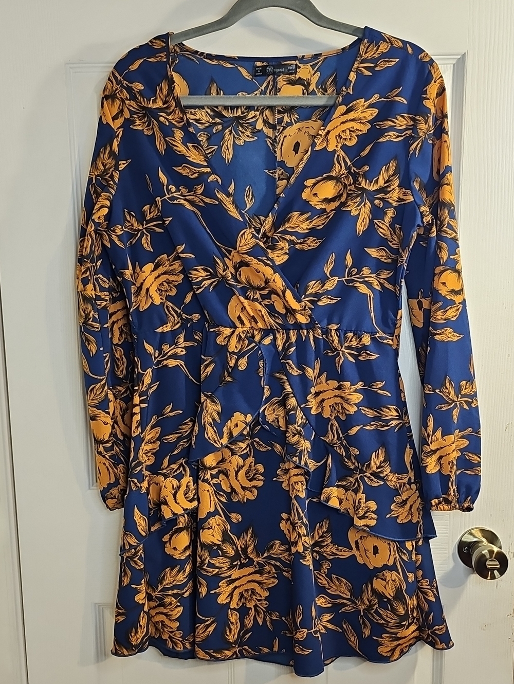 Blue & Mustard Floral Long Sleeve Wrap Dress